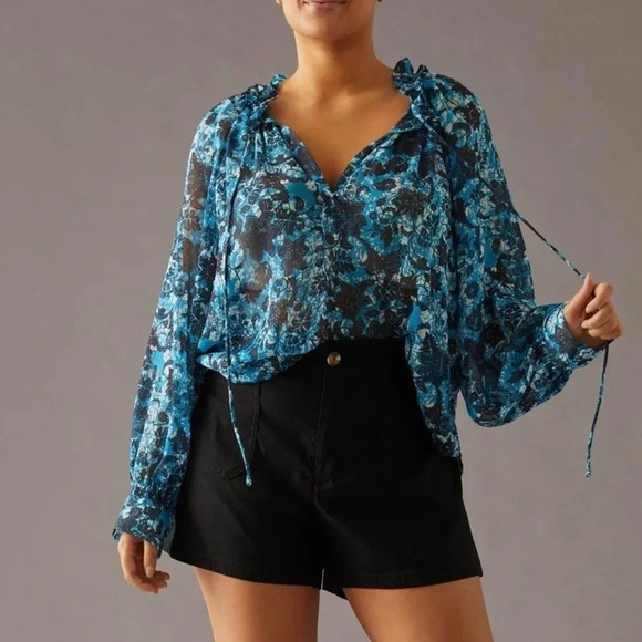 By Anthropologie blue Sheer floral Printed Peasant Blouse size small - Picture 2 of 10